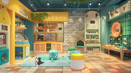 A pet store interior with playful decor, interactive pet zones, and cozy grooming stations, catering to the needs and desires of furry companions and their owners.