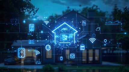 Futuristic smart home interiors showcase the Internet of Things (IoT) connectivity concept with networked devices and appliances.