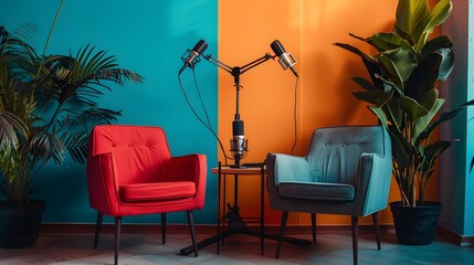 Two chairs and microphones in podcast or interview room isolated on neon background as a wide banner for media conversations or podcast streamers concepts