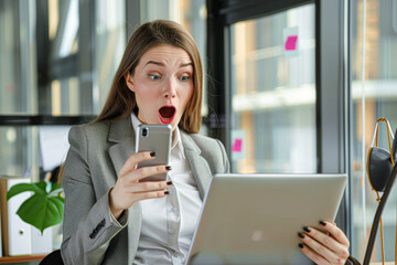 Fototapeta premium A woman is looking at her phone and laptop, and she is surprised