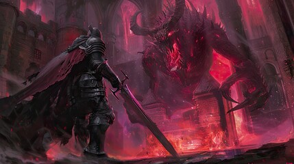 Dark Fantasy Knight and Demon. A valiant knight facing off against a fearsome demon in a haunted castle.