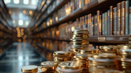 Gold coins and bookshelves in a library
