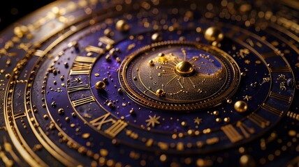 Intricate zodiac clock with golden details