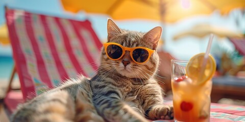The beige cat is sitting in the beach chair under a yellow straw umbrella and drinking cocktail - Powered by Adobe