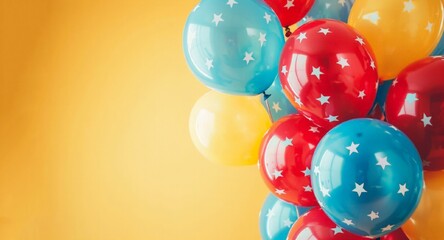 red and blue balloons on a empty yellow background. Holiday, birthday concept, copy space.