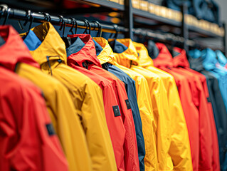 Fototapeta premium A rack of brightly colored jackets, including yellow, red, and blue