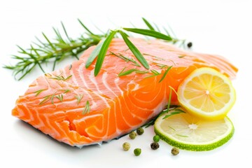 Salmon fillet on a white background. Ingredients for cooking. Healthy food. Source of vitamin omega three.