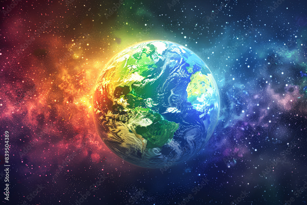 Wall mural a colorful planet with a rainbow on it is floating in space
