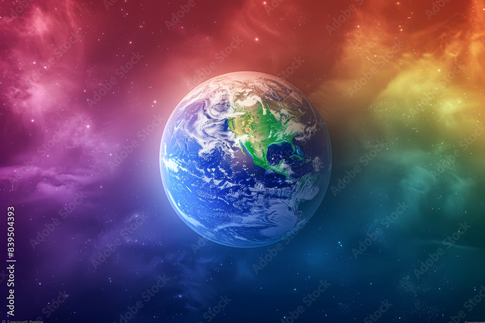 Wall mural a colorful planet with a blue and green surface is floating in space