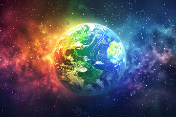 Fototapeta premium A colorful planet with a rainbow on it is floating in space