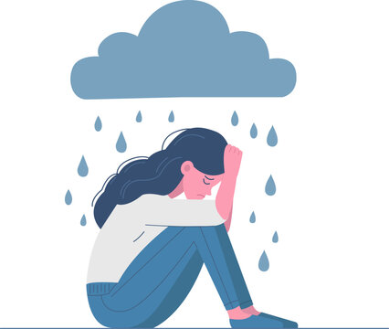 Depression concept. Young sad and tired upset girl crying, depression, problems with psychotherapy, mental health, with a rain cloud above her head. Vector illustration.