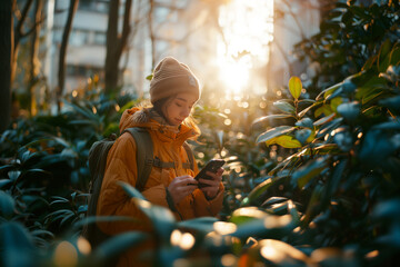 A person enjoying outdoor activities while making online purchases via a smartphone, illustrating flexibility.Woman in woods, using cell phone, surrounded by plants and trees