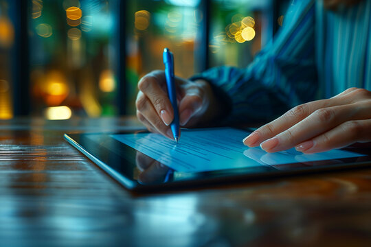 A person using a digital pen to sign documents for an online contract, illustrating electronic signatures.A person is using a writing instrument to note information on a digital device