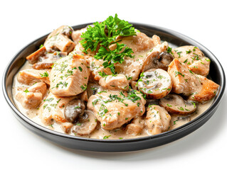 A plate of chicken and mushrooms with parsley on top