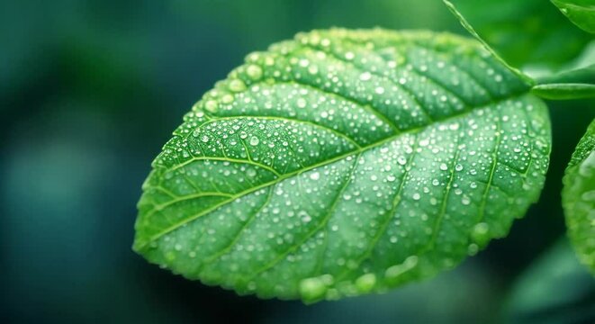 A close up photograph of a single leaf with morning dew on it.