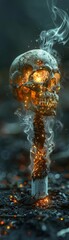 Burning skull with smoke emanating from a lit cigarette, depicting the harmful effects and danger of smoking on human health.