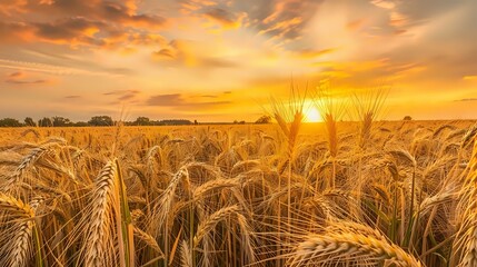 a sunrise scene in a wheat field, where the sunlight is casting a warm glow on the golden wheat. The sky is painted with hues of orange and yellow, creating a picturesque view - Powered by Adobe