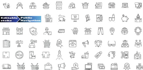 Public navigation in a shopping center, store, market. Set of line icons in linear style.