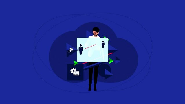 On the blue background a male manager is assigning employees to departments