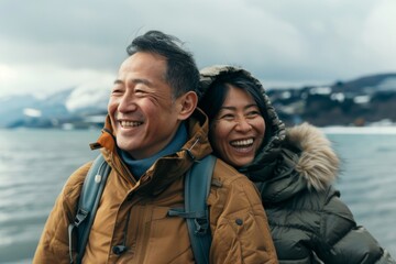 Portrait of a joyful asian couple in their 30s wearing a functional windbreaker in serene lakeside view