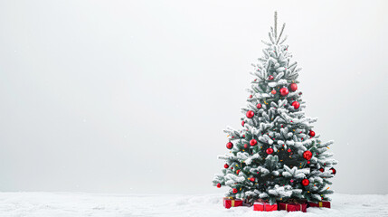 A large white Christmas tree with red ornaments sits in a snow-covered field