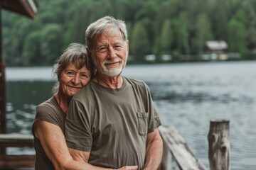 Portrait of a tender caucasian couple in their 60s dressed in a casual t-shirt isolated on serene lakeside view - Powered by Adobe