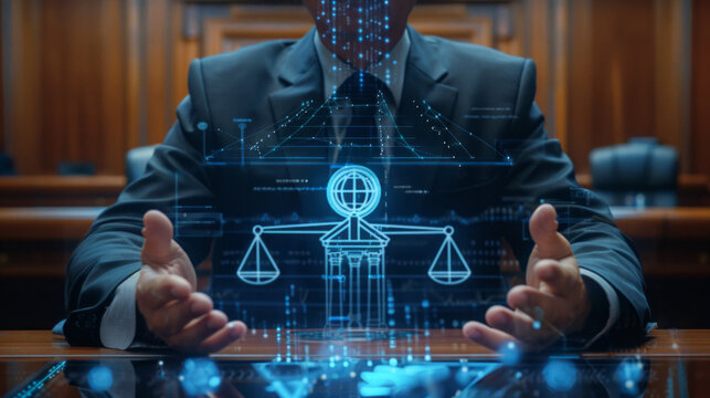 Legal tech and the future of law. A lawyer uses innovative technology to visualize legal concepts like justice and the global reach of law.