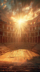 Obraz premium A large, empty building with a sun shining through the windows