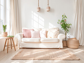 A living room with a white couch, a plant, and a basket