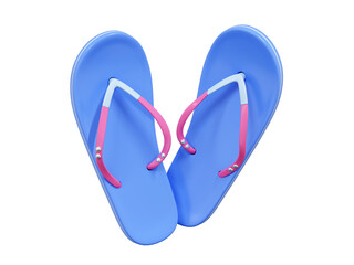 Flip flop summer beach shoes icon - 3d render illustration. Blue and pink pastel rubber sandal for seashore vacation concept. Cute travel flipflop slippers. One pair of summertime holiday footwear.