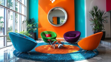 Colorful lounge area with modern furniture and decor