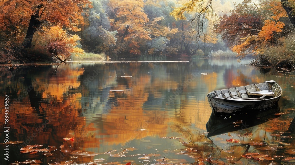 Wall mural autumn lake with a rowboat for a peaceful and tranquil background - Wall murals