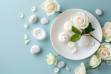 A white plate with white roses, round rocks and body cream on a light blue background in a flat lay top view.