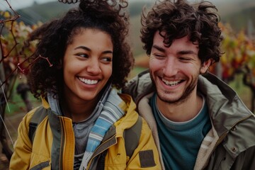 Portrait of a grinning multiethnic couple in their 20s wearing a functional windbreaker while standing against backdrop of rolling vineyards - Powered by Adobe
