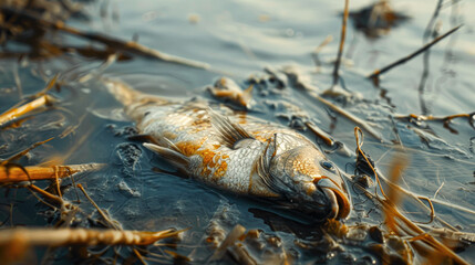 A dead fish is floating in a murky body of water