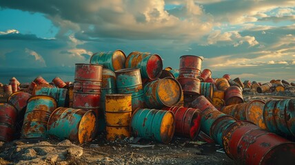 Obraz premium Pile of Rusty Oil Drums in Abandoned Industrial Yard
