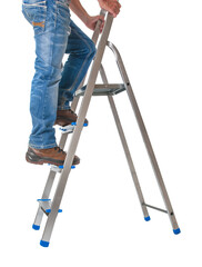 Handyman climbing on a ladder isolated on  white background © unclepodger
