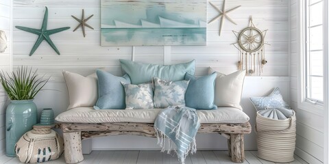 Peaceful entry with driftwood bench nautical decor and beachy accents. Concept Beachfront Serenity, Coastal Retreat, Seaside Relaxation