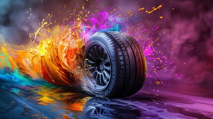 Eye-catching image of a tire splash with dynamic colors and fluid motion creating a vibrant visual effect