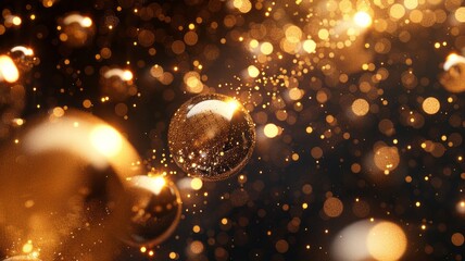 Shimmering Golden Bokeh And Floating Bubbles