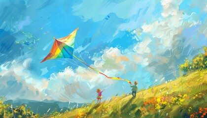 Dreamy Moments: Children Flying Rainbow Kite in a Meadow under a Blue Sky
