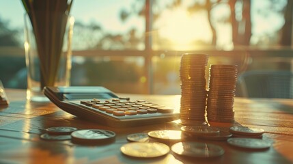 Coins and a calculator on a wooden desk with sunlight, depicting financial serenity