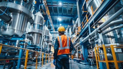 Fototapeta premium A worker wearing a hard hat and safety vest walks through a modern industrial facility.