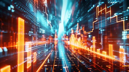 Abstract futuristic data visualization with glowing bar charts and digital lines. Perfect for technology, finance, and data analysis themes.