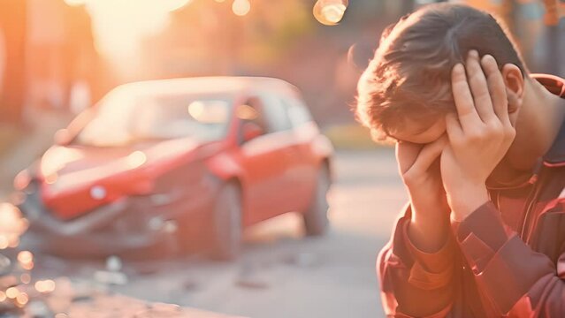 A man in an automobile accident with his head hung. Man regrets the harm he caused in the collision