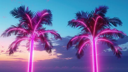 A chic summer scene with two palm trees backlit by neon magenta lights, against a backdrop of a calm blue sky with subtle cloud formations.