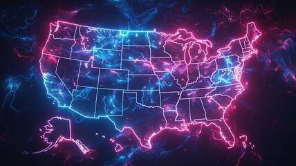 Obraz premium Neon Map Of The United States With Glowing Borders
