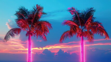 A chic summer scene with two palm trees backlit by neon magenta lights, against a backdrop of a calm blue sky with subtle cloud formations.