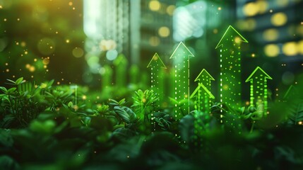 Green and sustainable development represented by green arrows pointing upwards in a financial district