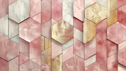 Abstract pink and gold geometric patterns with marble texture